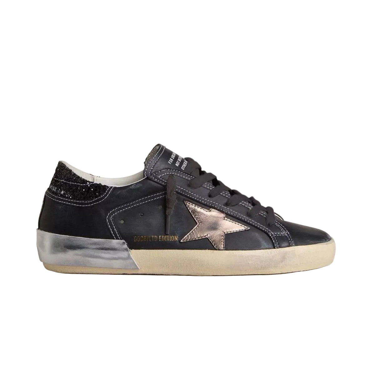 Golden Goose Super-Star black glitter with cream star and suede inserts
